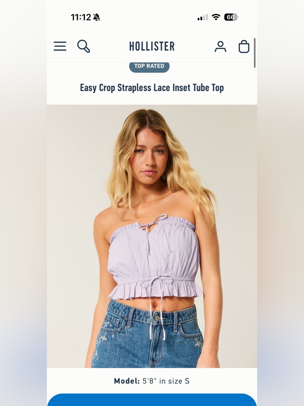 Hollister Easy Crop Strapless Lace Inset Tube Top XS Pastel Purple NWT
